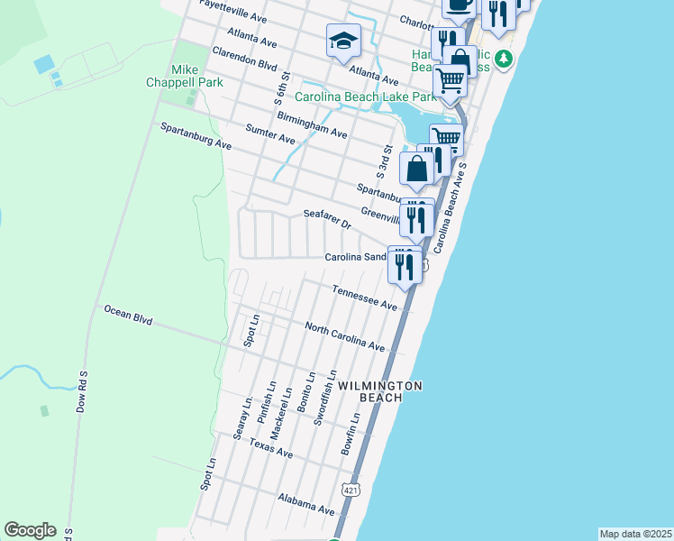 map of restaurants, bars, coffee shops, grocery stores, and more near 1114 Bonito Lane in Carolina Beach
