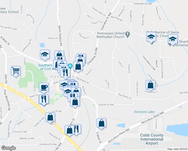 map of restaurants, bars, coffee shops, grocery stores, and more near 2036 Pine Hill Circle in Kennesaw