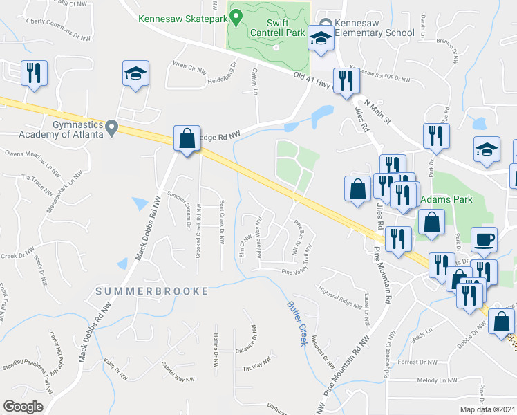 map of restaurants, bars, coffee shops, grocery stores, and more near 169 Birch Trail Northwest in Kennesaw