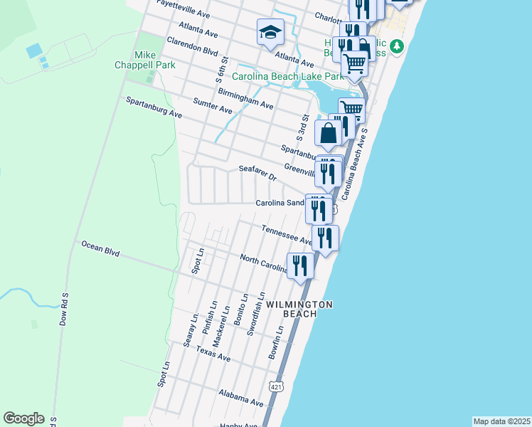 map of restaurants, bars, coffee shops, grocery stores, and more near 1114 Bonito Lane in Carolina Beach