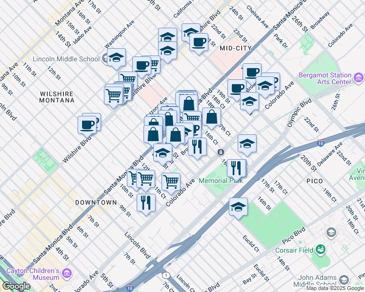 map of restaurants, bars, coffee shops, grocery stores, and more near 1412 Broadway in Santa Monica
