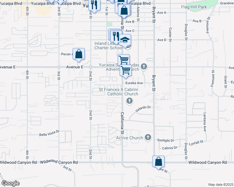 map of restaurants, bars, coffee shops, grocery stores, and more near 12650 California Street in Yucaipa