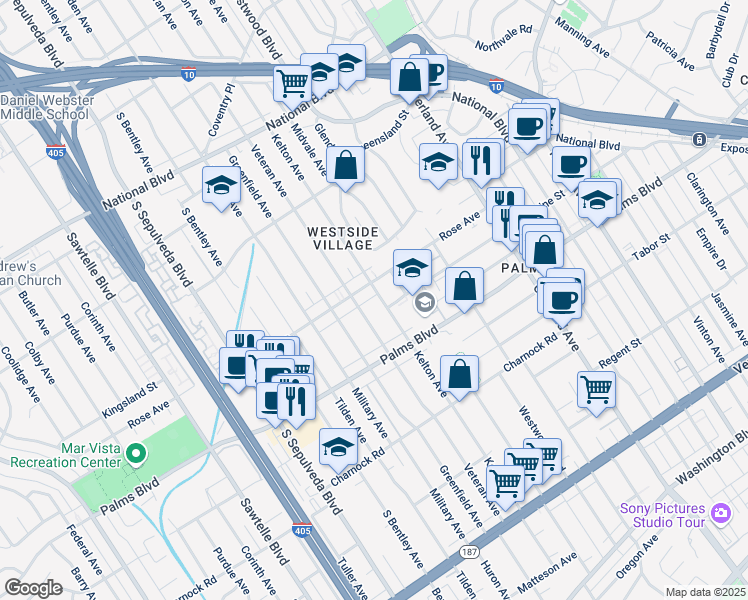 map of restaurants, bars, coffee shops, grocery stores, and more near 3447 Kelton Avenue in Los Angeles