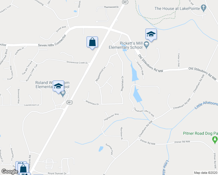 map of restaurants, bars, coffee shops, grocery stores, and more near 64 Maplewood Cove in Acworth