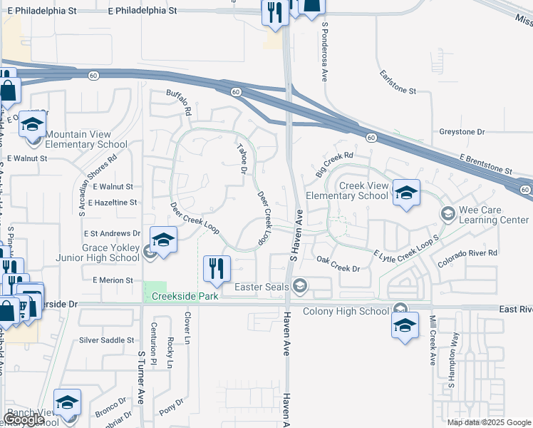 map of restaurants, bars, coffee shops, grocery stores, and more near 3364 Honeybrook Way in Ontario