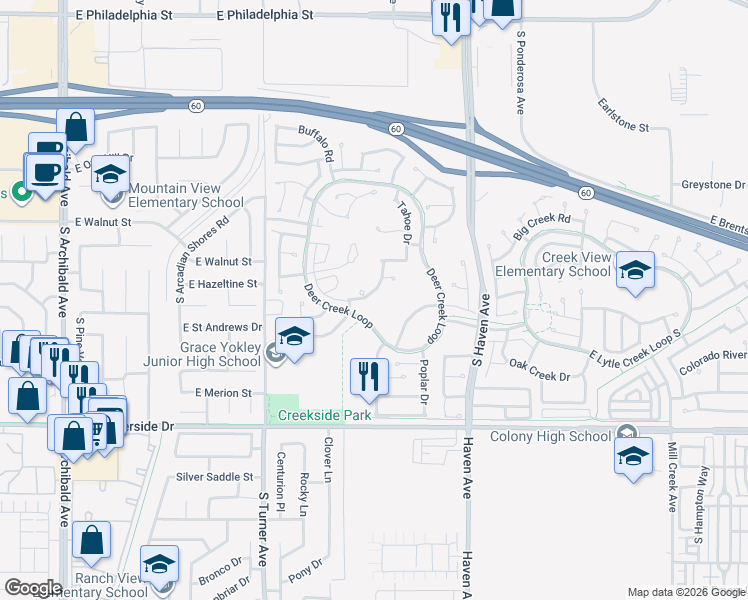 map of restaurants, bars, coffee shops, grocery stores, and more near 3224 Ashgate Way in Ontario