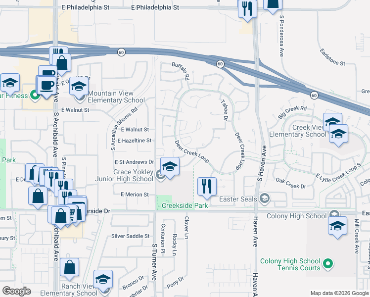 map of restaurants, bars, coffee shops, grocery stores, and more near 3206 Parkglen Way in Ontario
