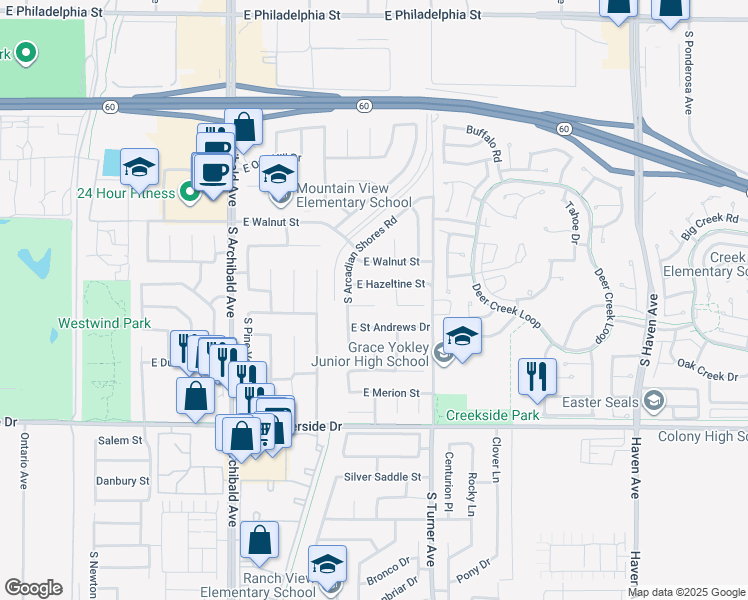 map of restaurants, bars, coffee shops, grocery stores, and more near 3001 East Saint Andrews Drive in Ontario