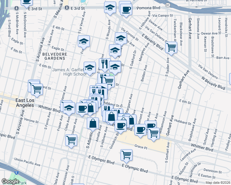 map of restaurants, bars, coffee shops, grocery stores, and more near 654 Amalia Avenue in East Los Angeles
