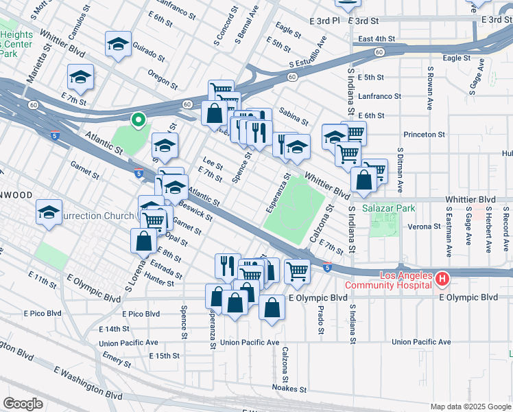 map of restaurants, bars, coffee shops, grocery stores, and more near 3567 Atlantic Street in Los Angeles