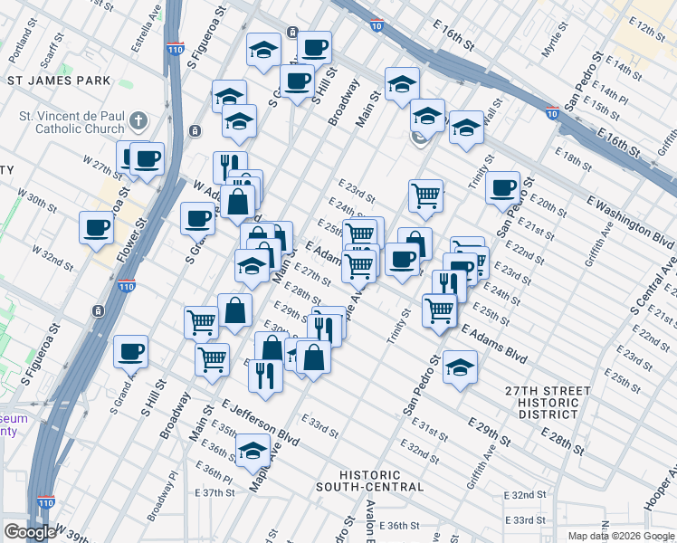map of restaurants, bars, coffee shops, grocery stores, and more near 220 East 27th Street in Los Angeles