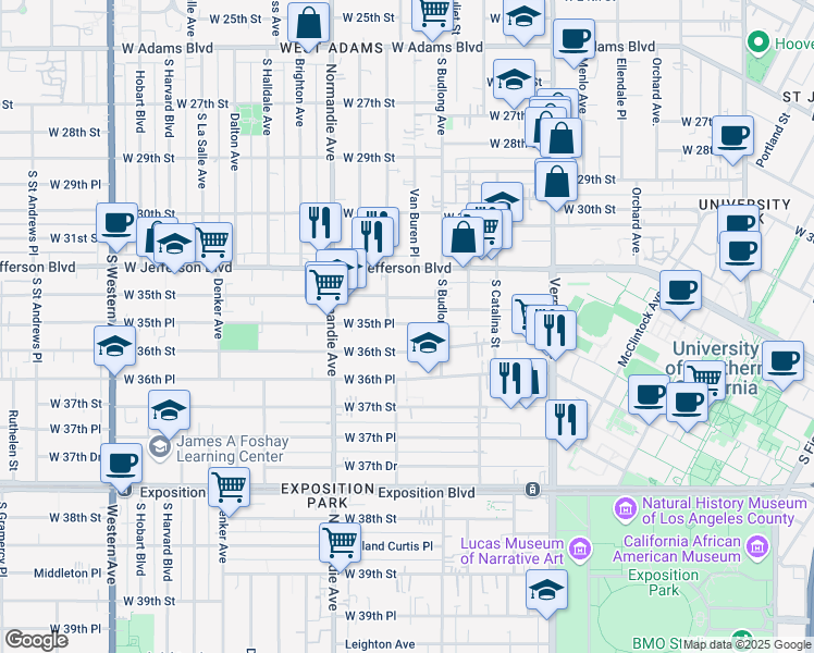 map of restaurants, bars, coffee shops, grocery stores, and more near 1301 West 36th Street in Los Angeles