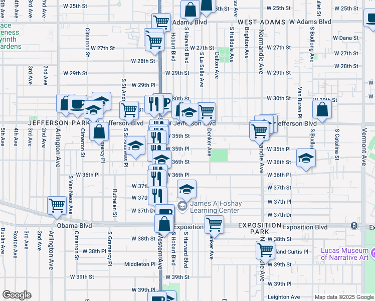 map of restaurants, bars, coffee shops, grocery stores, and more near 1615 West 36th Street in Los Angeles