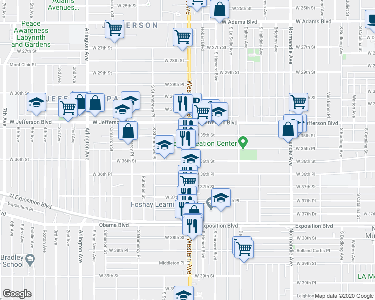 map of restaurants, bars, coffee shops, grocery stores, and more near 1717 West 36th Street in Los Angeles