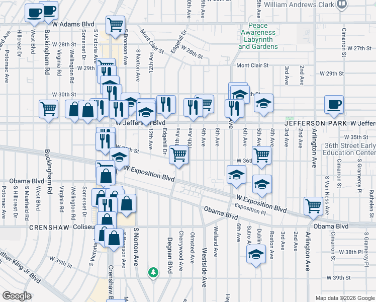 map of restaurants, bars, coffee shops, grocery stores, and more near 3021 West 36th Street in Los Angeles