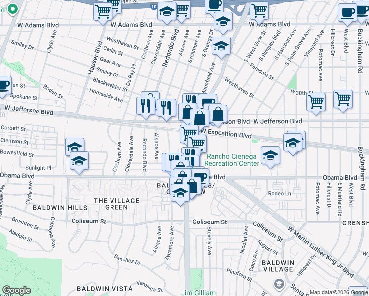 map of restaurants, bars, coffee shops, grocery stores, and more near 3507 South La Brea Avenue in Los Angeles