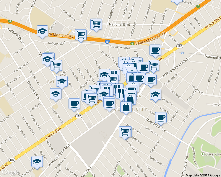map of restaurants, bars, coffee shops, grocery stores, and more near in Los Angeles