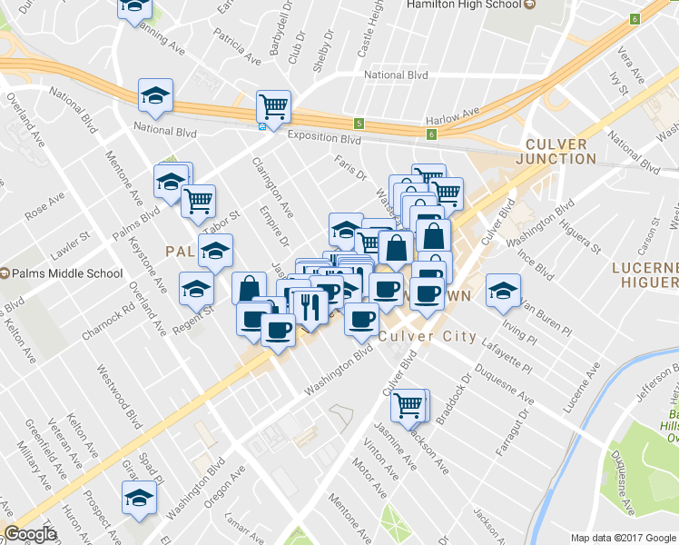 map of restaurants, bars, coffee shops, grocery stores, and more near 3767 Clarington Avenue in Los Angeles