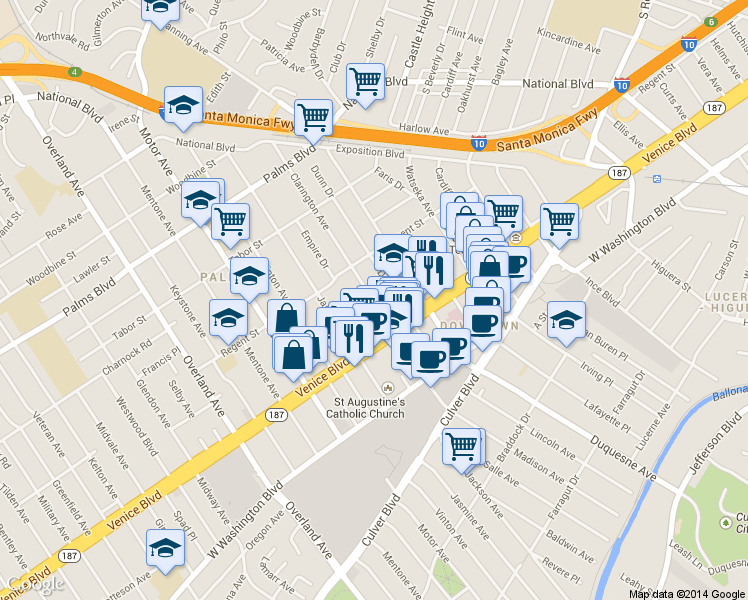 map of restaurants, bars, coffee shops, grocery stores, and more near 3767 Clarington Avenue in Los Angeles