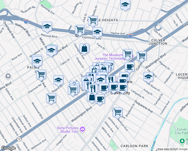 map of restaurants, bars, coffee shops, grocery stores, and more near 3767 Clarington Avenue in Los Angeles