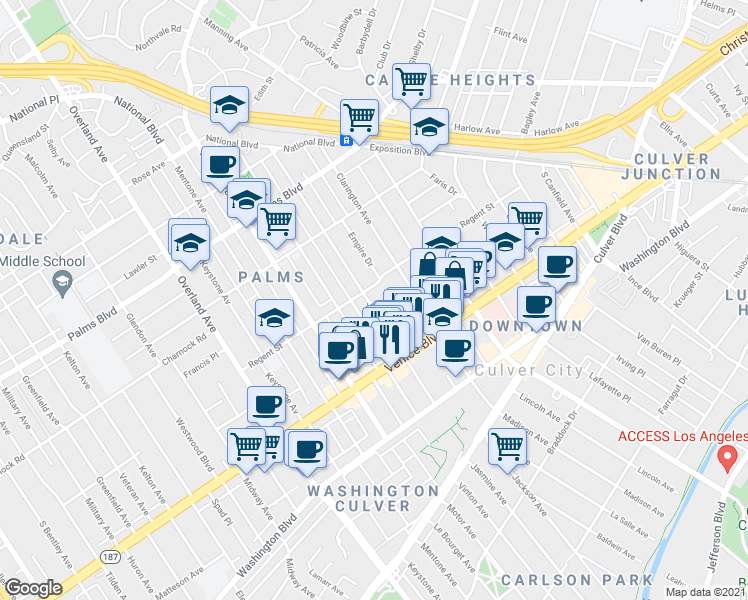 map of restaurants, bars, coffee shops, grocery stores, and more near 3742 Jasmine Avenue in Los Angeles