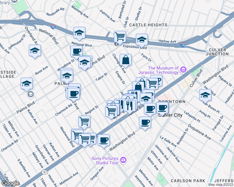 map of restaurants, bars, coffee shops, grocery stores, and more near 3718 Vinton Avenue in Los Angeles