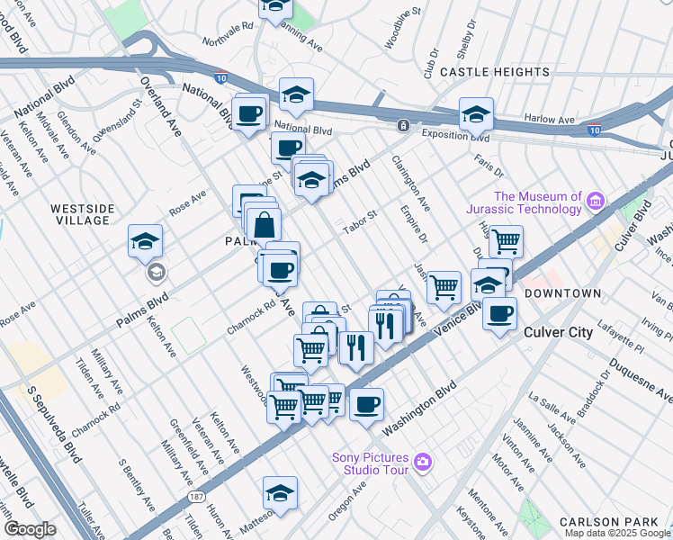 map of restaurants, bars, coffee shops, grocery stores, and more near 3662 Mentone Avenue in Los Angeles