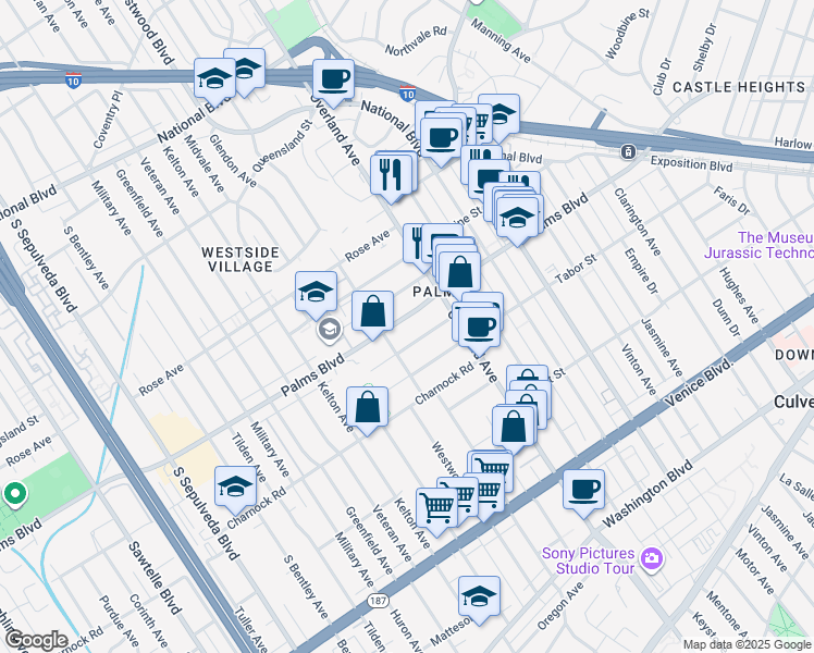 map of restaurants, bars, coffee shops, grocery stores, and more near 10769 Westminster Avenue in Los Angeles