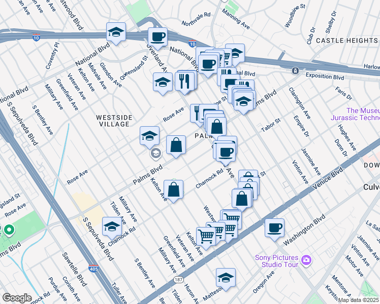 map of restaurants, bars, coffee shops, grocery stores, and more near 10769 Westminster Avenue in Los Angeles