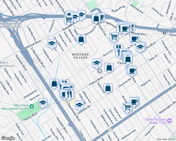 map of restaurants, bars, coffee shops, grocery stores, and more near 3447 Kelton Avenue in Los Angeles