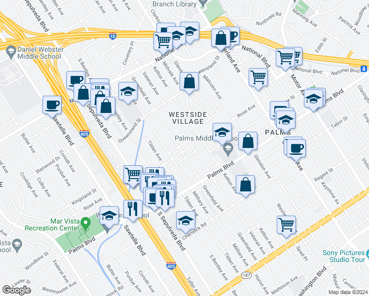 map of restaurants, bars, coffee shops, grocery stores, and more near 10974 Rose Avenue in Los Angeles