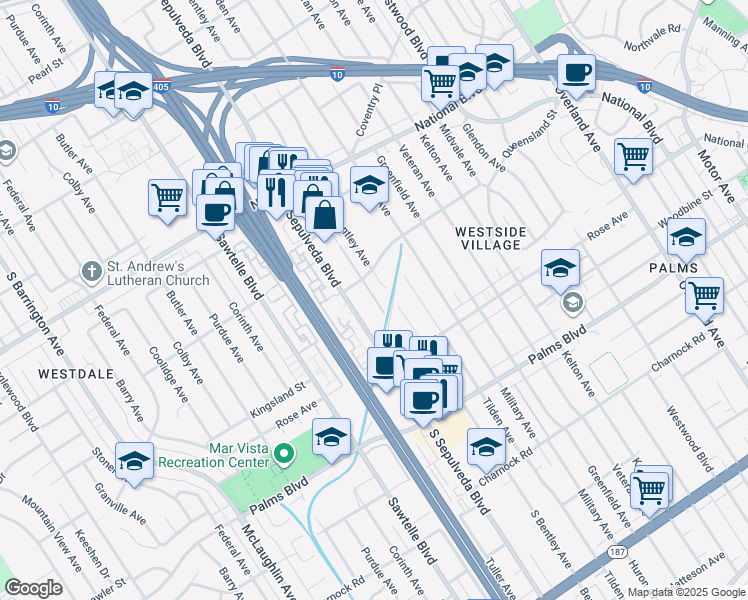 map of restaurants, bars, coffee shops, grocery stores, and more near 3281 South Sepulveda Boulevard in Los Angeles
