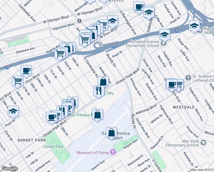 map of restaurants, bars, coffee shops, grocery stores, and more near in Santa Monica