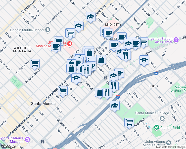 map of restaurants, bars, coffee shops, grocery stores, and more near 1531 15th Street in Santa Monica
