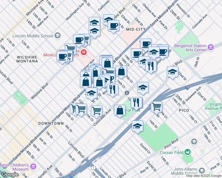 map of restaurants, bars, coffee shops, grocery stores, and more near 1542 15th Street in Santa Monica