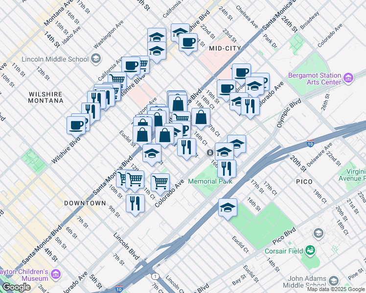 map of restaurants, bars, coffee shops, grocery stores, and more near 1412 Broadway in Santa Monica