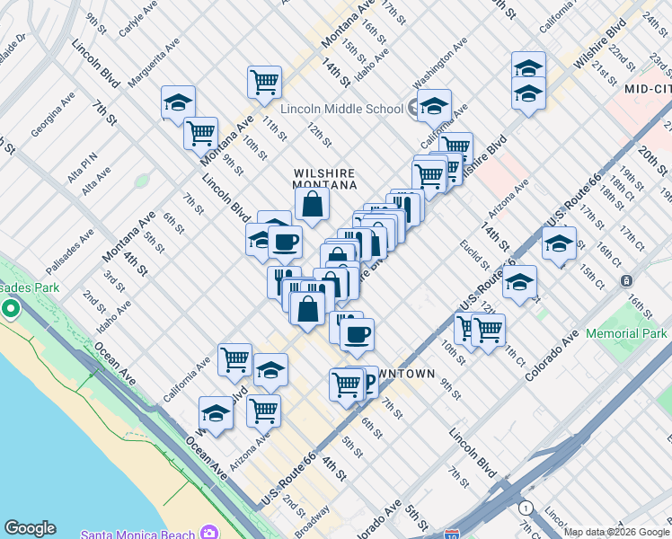 map of restaurants, bars, coffee shops, grocery stores, and more near 829 Wilshire Boulevard in Santa Monica