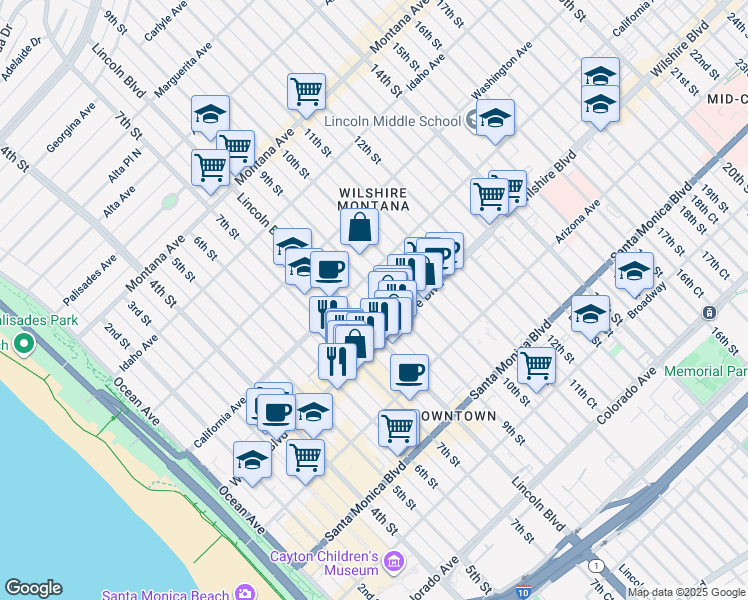 map of restaurants, bars, coffee shops, grocery stores, and more near 1123 Lincoln Boulevard in Santa Monica