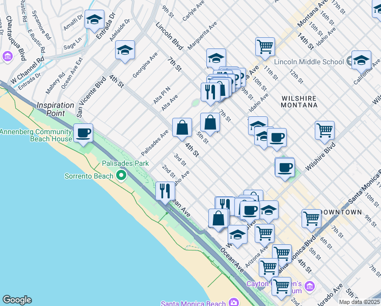 map of restaurants, bars, coffee shops, grocery stores, and more near 837 3rd Street in Santa Monica