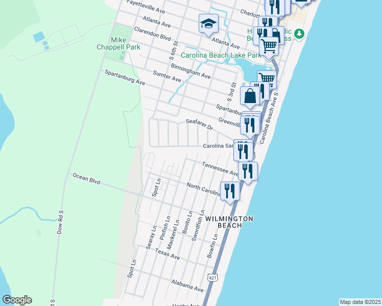 map of restaurants, bars, coffee shops, grocery stores, and more near 1220 Pinfish Lane in Carolina Beach