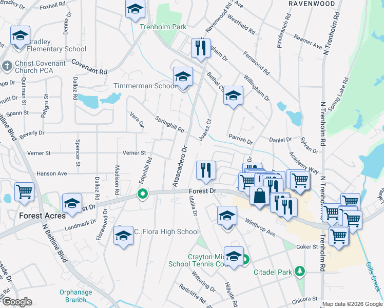 map of restaurants, bars, coffee shops, grocery stores, and more near 1709 Rutland Court in Columbia