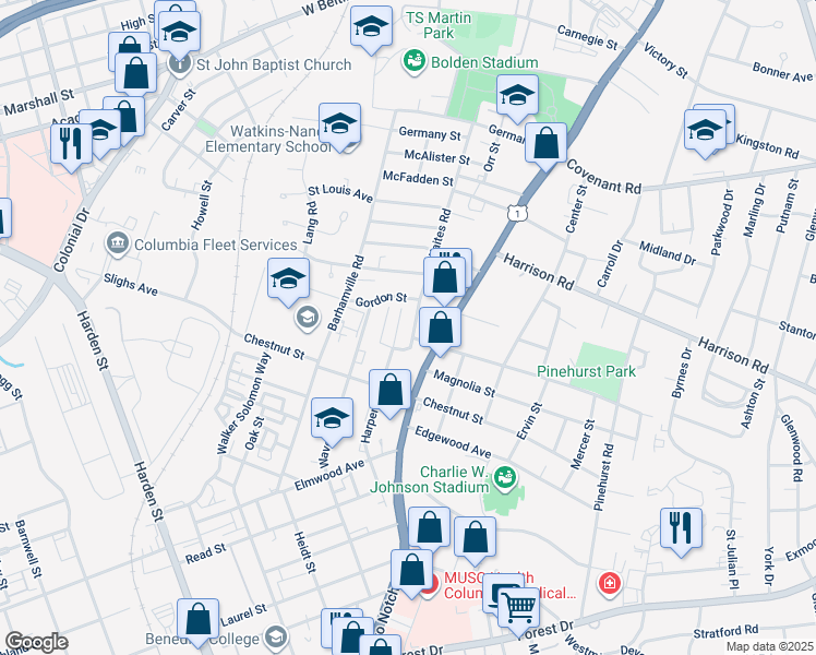 map of restaurants, bars, coffee shops, grocery stores, and more near 2223 Harper Street in Columbia