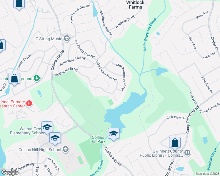 map of restaurants, bars, coffee shops, grocery stores, and more near 2330 Ashbourne Drive Northeast in Lawrenceville