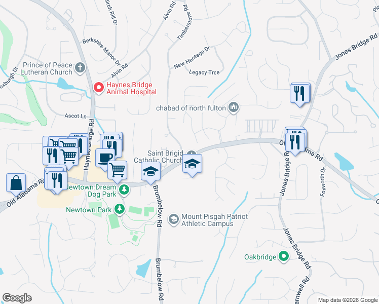 map of restaurants, bars, coffee shops, grocery stores, and more near 9905 Timberstone Road in Alpharetta