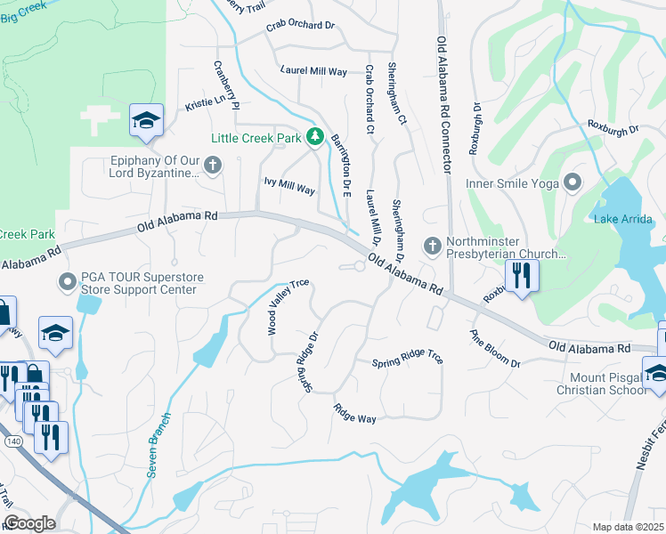 map of restaurants, bars, coffee shops, grocery stores, and more near 320 Wisteria Circle in Roswell