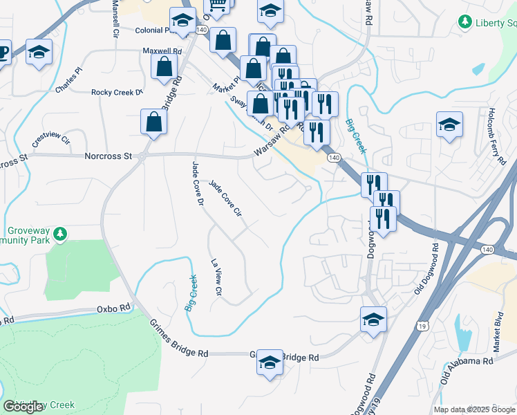 map of restaurants, bars, coffee shops, grocery stores, and more near 225 Carriage Station Circle in Roswell