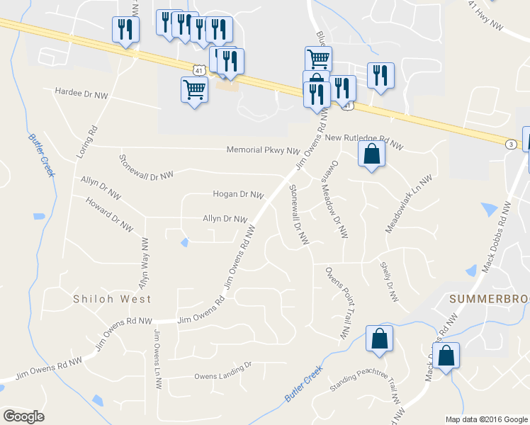 map of restaurants, bars, coffee shops, grocery stores, and more near 2874 Jim Owens Road Northwest in Kennesaw