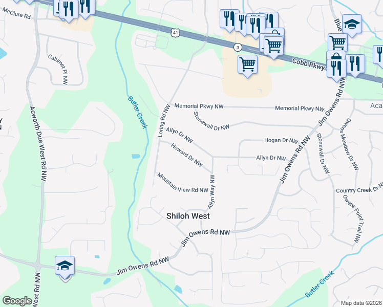 map of restaurants, bars, coffee shops, grocery stores, and more near 3844 Howard Drive Northwest in Kennesaw