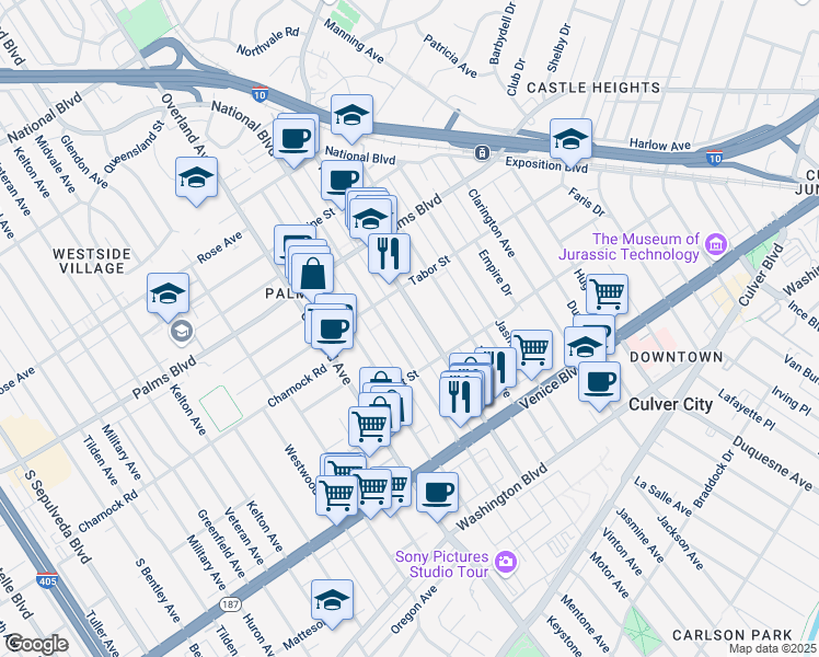 map of restaurants, bars, coffee shops, grocery stores, and more near 3662 Mentone Avenue in Los Angeles