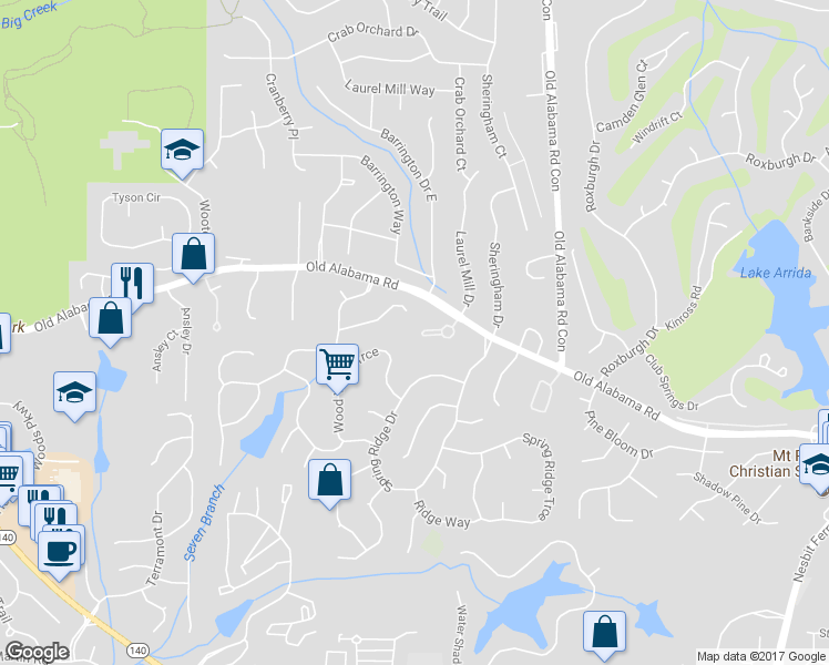 map of restaurants, bars, coffee shops, grocery stores, and more near 320 Wisteria Circle in Roswell
